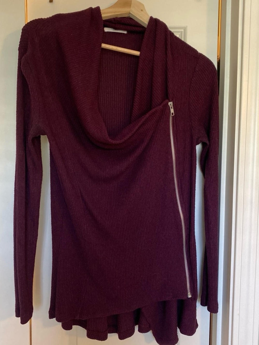 Le Lis Burgundy Draped Cowl Zip-Front Sweater